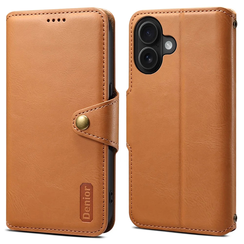 DENIOR For iPhone 16 Plus Case Wallet Cowhide Texture Leather Phone Cover - Khaki - 1
