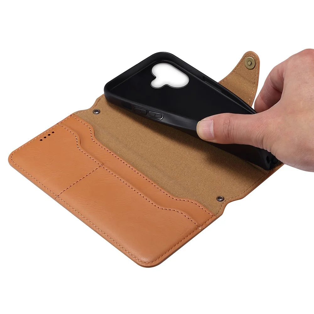 DENIOR For iPhone 16 Plus Case Wallet Cowhide Texture Leather Phone Cover - Khaki - 2