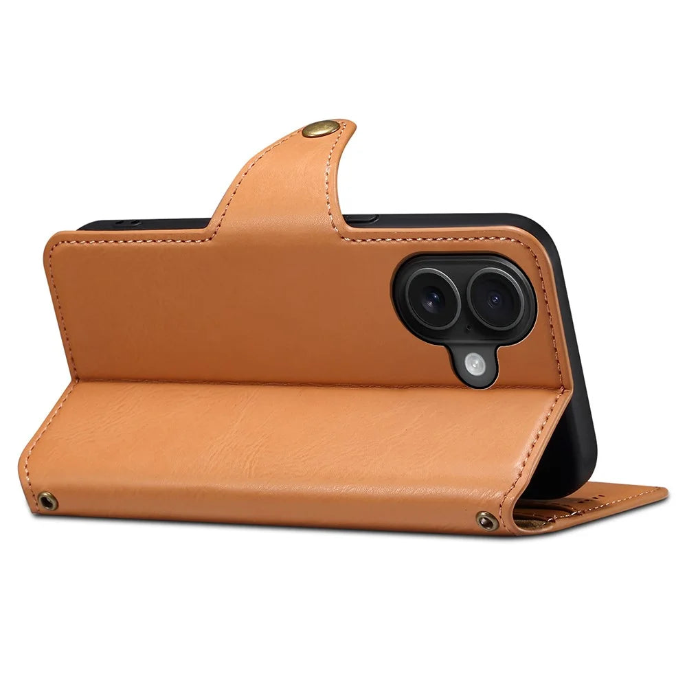 DENIOR For iPhone 16 Plus Case Wallet Cowhide Texture Leather Phone Cover - Khaki - 3