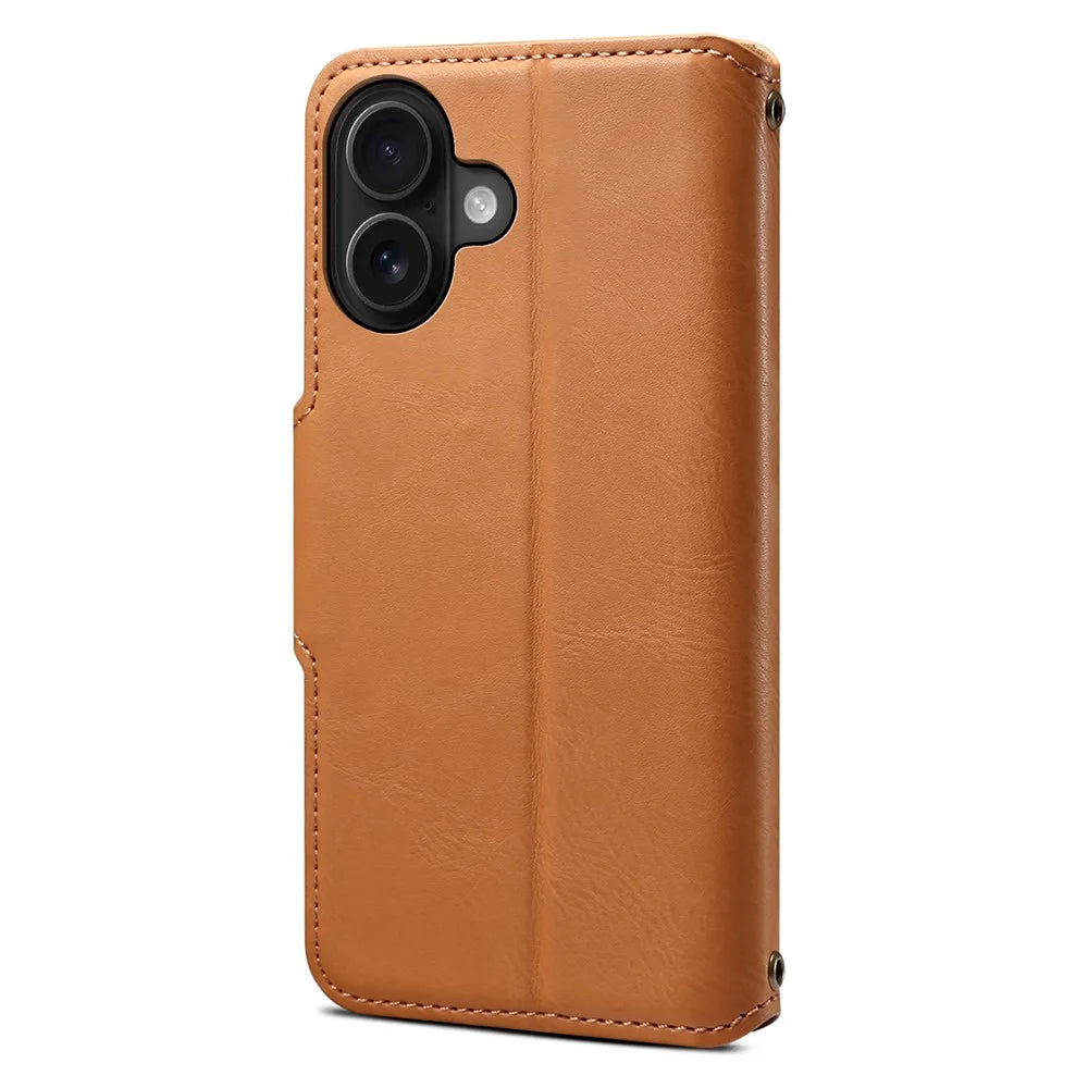 DENIOR For iPhone 16 Plus Case Wallet Cowhide Texture Leather Phone Cover - Khaki - 6