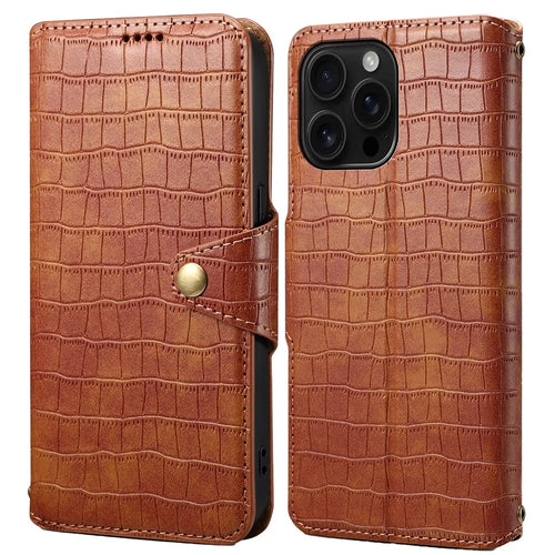 For iPhone 16 Pro Case Wallet Crocodile Texture Leather Phone Cover - Brown - 1