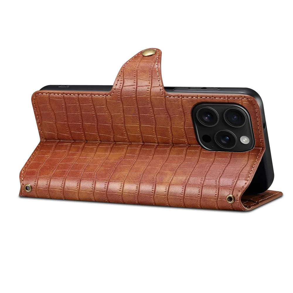 For iPhone 16 Pro Case Wallet Crocodile Texture Leather Phone Cover - Brown - 2