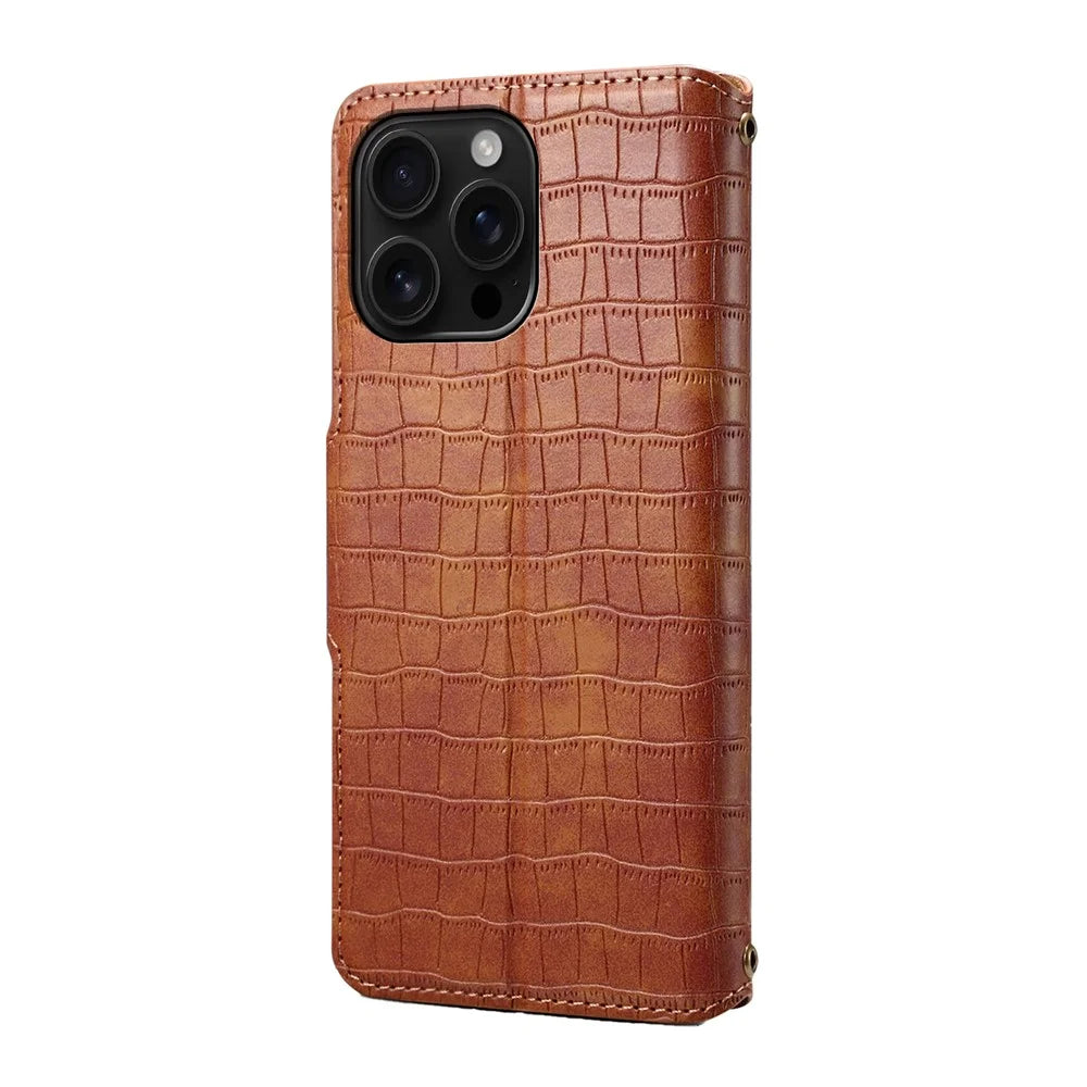 For iPhone 16 Pro Case Wallet Crocodile Texture Leather Phone Cover - Brown - 5
