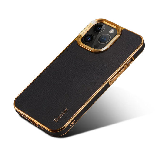 DENIOR For iPhone 16 Pro Max Case Genuine Cow Leather Coated PC+TPU Electroplating Phone Cover - Black - 2