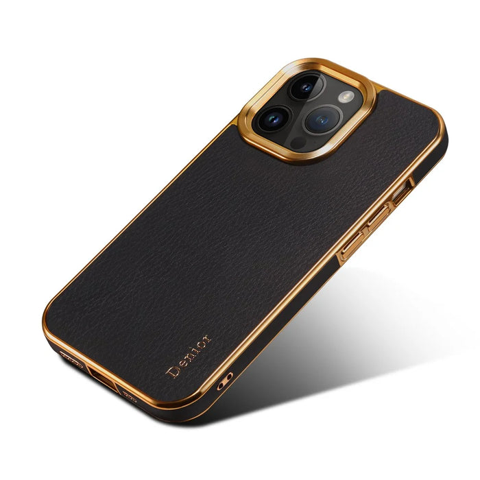 DENIOR For iPhone 16 Pro Max Case Genuine Cow Leather Coated PC+TPU Electroplating Phone Cover - Black - 2