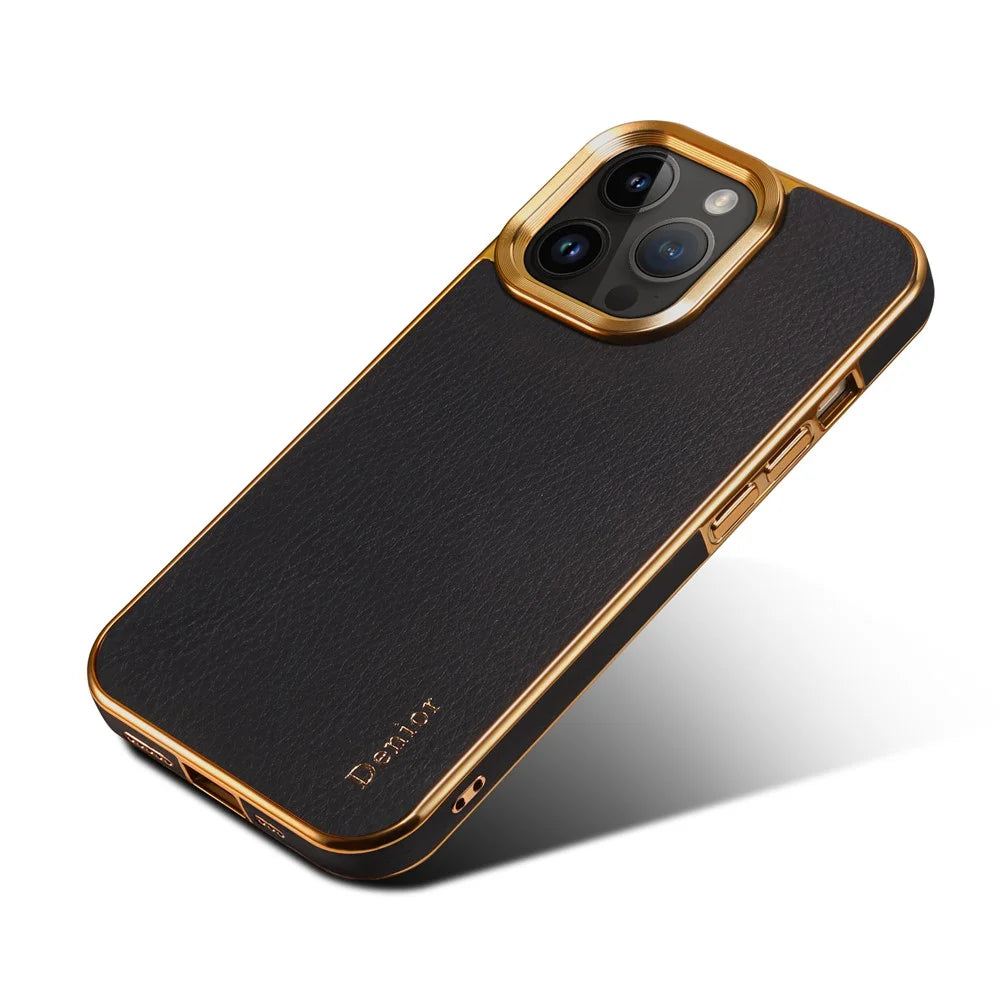 DENIOR For iPhone 16 Pro Case Genuine Cow Leather Coated PC+TPU Electroplating Phone Cover - Black - 2