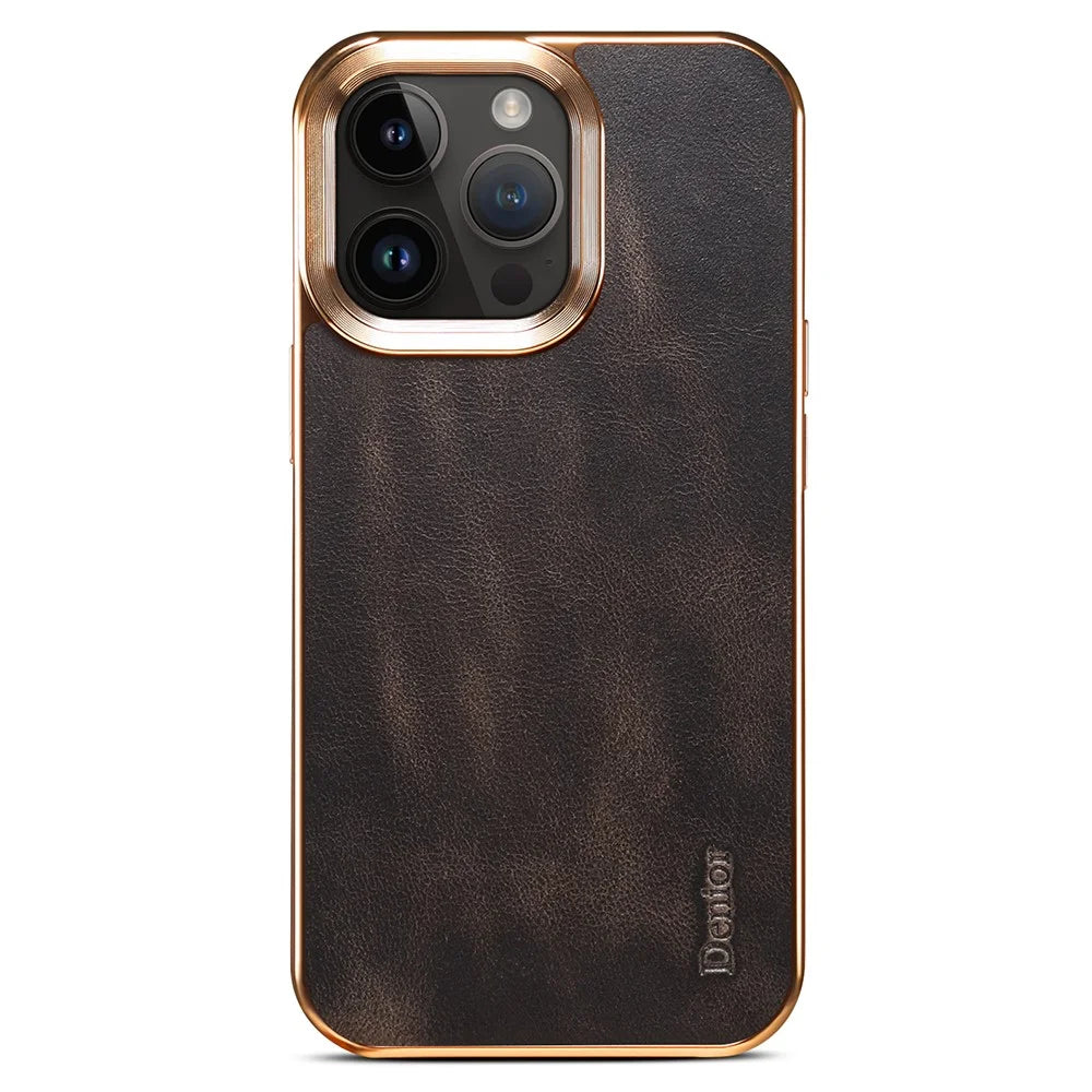 DENIOR For iPhone 16 Pro Case Waxy Texture Genuine Cow Leather Electroplating Back Cover - Black - 1