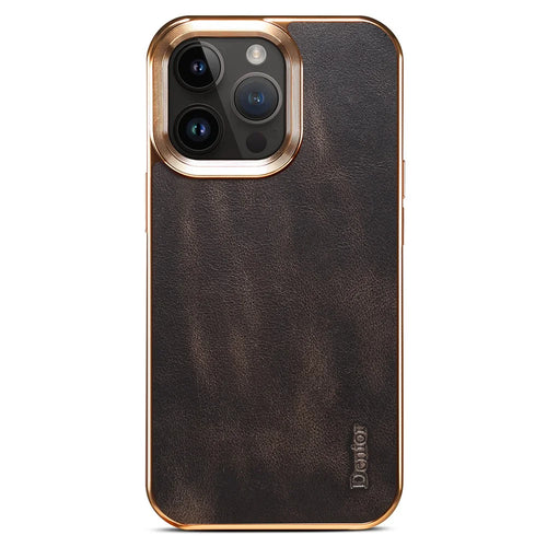 DENIOR For iPhone 16 Pro Case Waxy Texture Genuine Cow Leather Electroplating Back Cover - Black - 1
