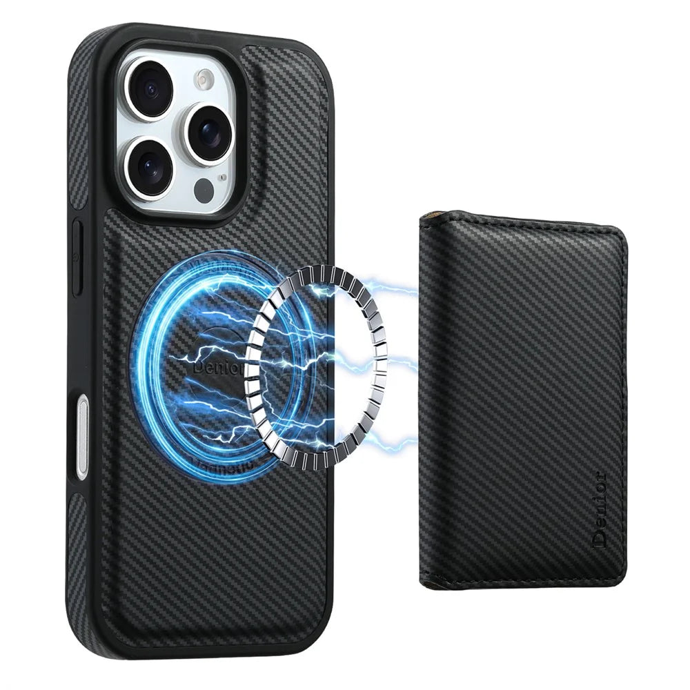 DENIOR For iPhone 16 Pro Max Magnetic Case Carbon Fiber Texture Leather Back Cover with Detachable Card Bag - Black - 1