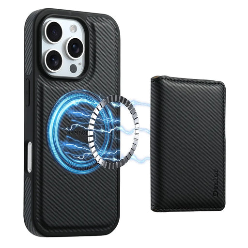 DENIOR For iPhone 16 Pro Max Magnetic Case Carbon Fiber Texture Leather Back Cover with Detachable Card Bag - Black - 1