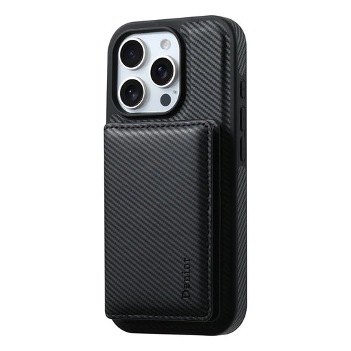 DENIOR For iPhone 16 Pro Max Magnetic Case Carbon Fiber Texture Leather Back Cover with Detachable Card Bag - Black - 2