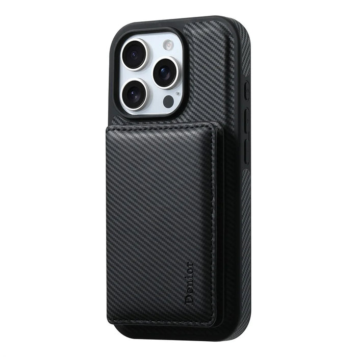 DENIOR For iPhone 16 Pro Max Magnetic Case Carbon Fiber Texture Leather Back Cover with Detachable Card Bag - Black - 2