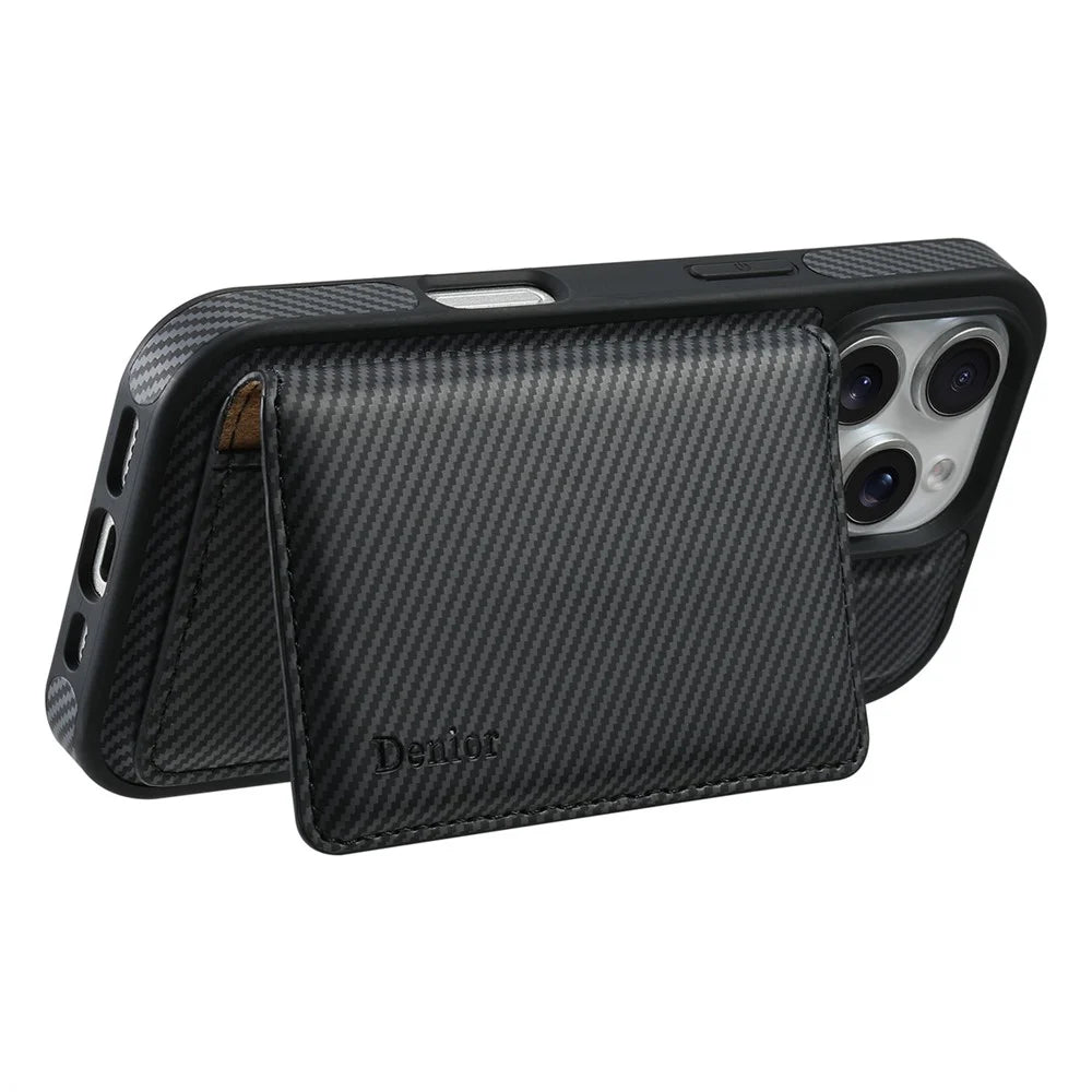 DENIOR For iPhone 16 Pro Max Magnetic Case Carbon Fiber Texture Leather Back Cover with Detachable Card Bag - Black - 3