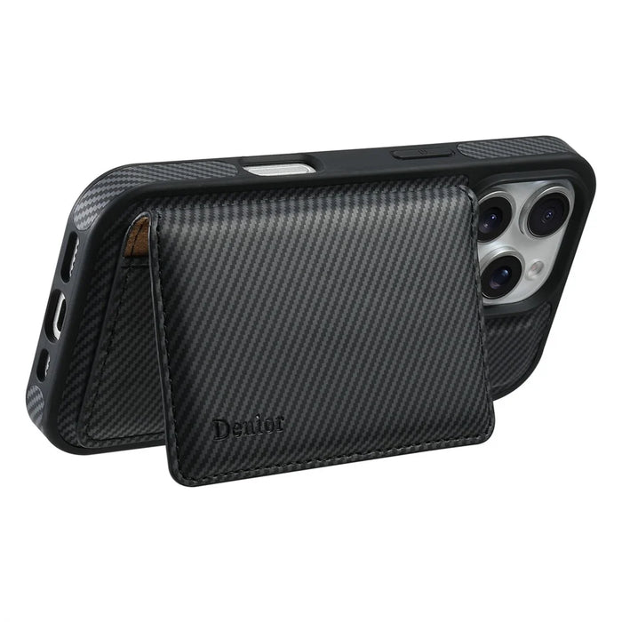 DENIOR For iPhone 16 Pro Max Magnetic Case Carbon Fiber Texture Leather Back Cover with Detachable Card Bag - Black - 3