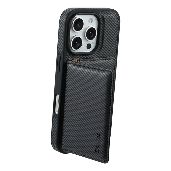 DENIOR For iPhone 16 Pro Max Magnetic Case Carbon Fiber Texture Leather Back Cover with Detachable Card Bag - Black - 4