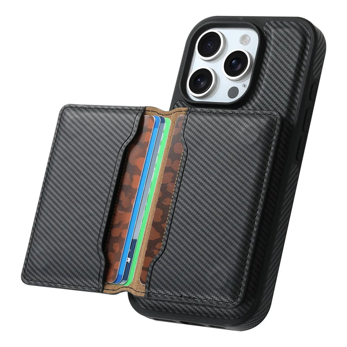 DENIOR For iPhone 16 Pro Max Magnetic Case Carbon Fiber Texture Leather Back Cover with Detachable Card Bag - Black - 5