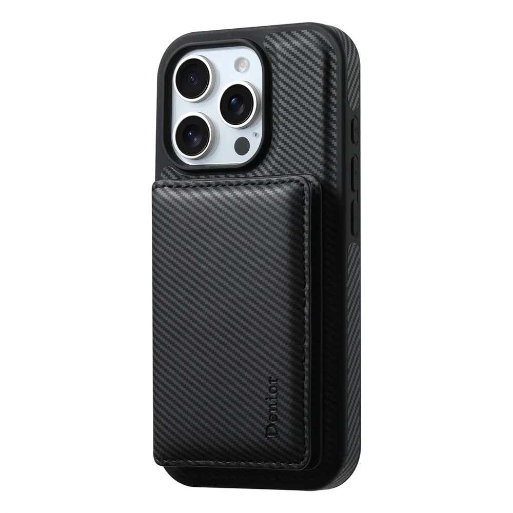 DENIOR For iPhone 16 Pro Magnetic Case Carbon Fiber Texture Leather Back Cover with Detachable Card Bag - Black - 2