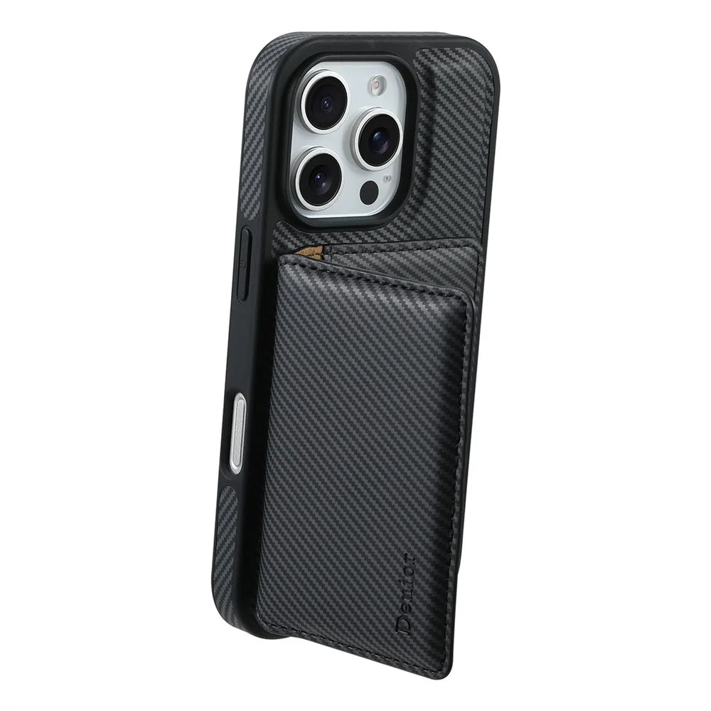 DENIOR For iPhone 16 Pro Magnetic Case Carbon Fiber Texture Leather Back Cover with Detachable Card Bag - Black - 4