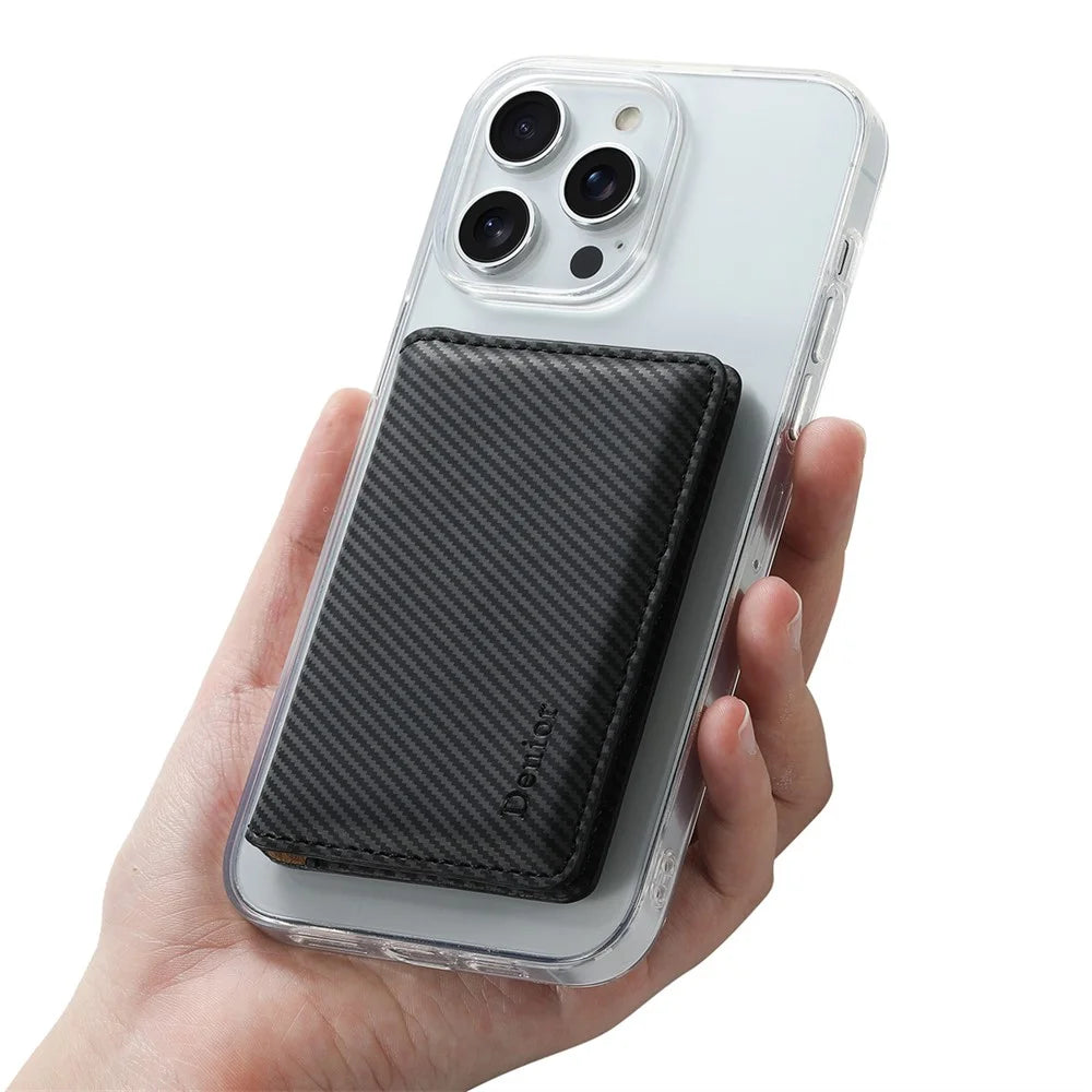 DENIOR V13 Magnetic Card Holder Carbon Fiber Texture Leather Phone Card Bag Kickstand - Black - 4