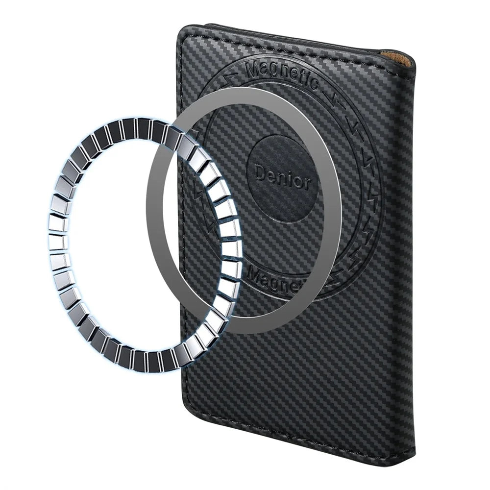 DENIOR V13 Magnetic Card Holder Carbon Fiber Texture Leather Phone Card Bag Kickstand - Black - 6