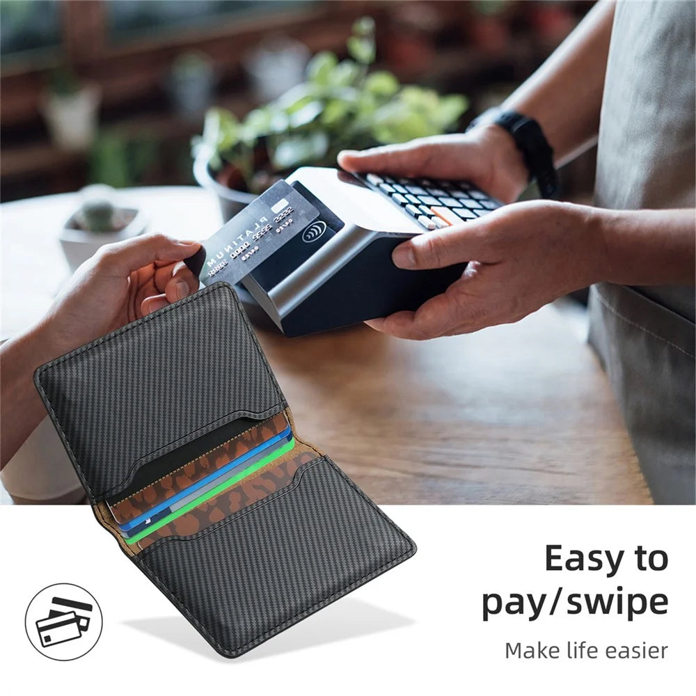 DENIOR V13 Magnetic Card Holder Carbon Fiber Texture Leather Phone Card Bag Kickstand - Black - 7