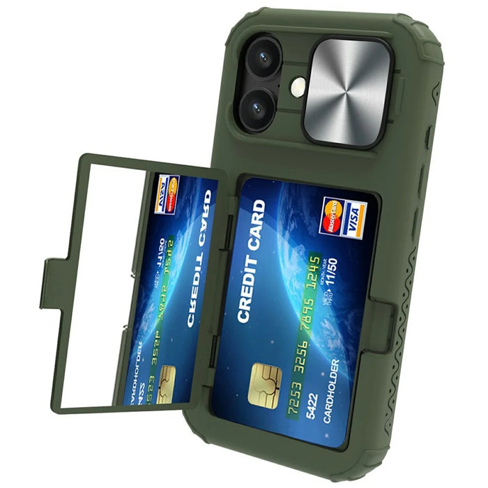 For iPhone 16 Case Card Holder Mirror PC+TPU Phone Shell with Lens Cover - Army Green - 1