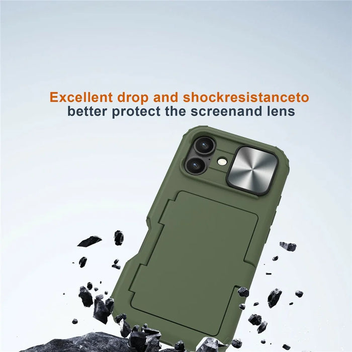For iPhone 16 Case Card Holder Mirror PC+TPU Phone Shell with Lens Cover - Army Green - 2