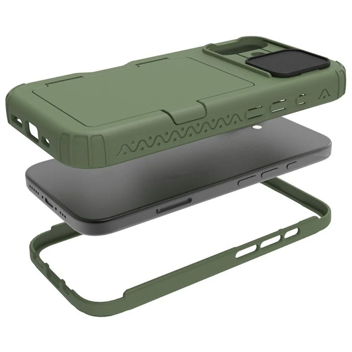 For iPhone 16 Case Card Holder Mirror PC+TPU Phone Shell with Lens Cover - Army Green - 3