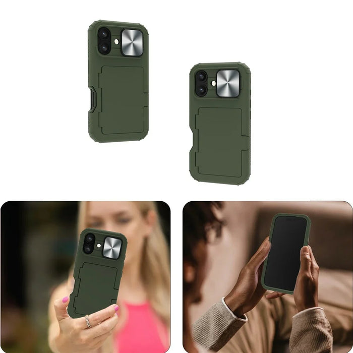 For iPhone 16 Case Card Holder Mirror PC+TPU Phone Shell with Lens Cover - Army Green - 4
