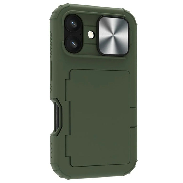 For iPhone 16 Case Card Holder Mirror PC+TPU Phone Shell with Lens Cover - Army Green - 5
