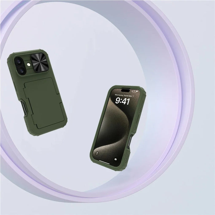 For iPhone 16 Case Card Holder Mirror PC+TPU Phone Shell with Lens Cover - Army Green - 6