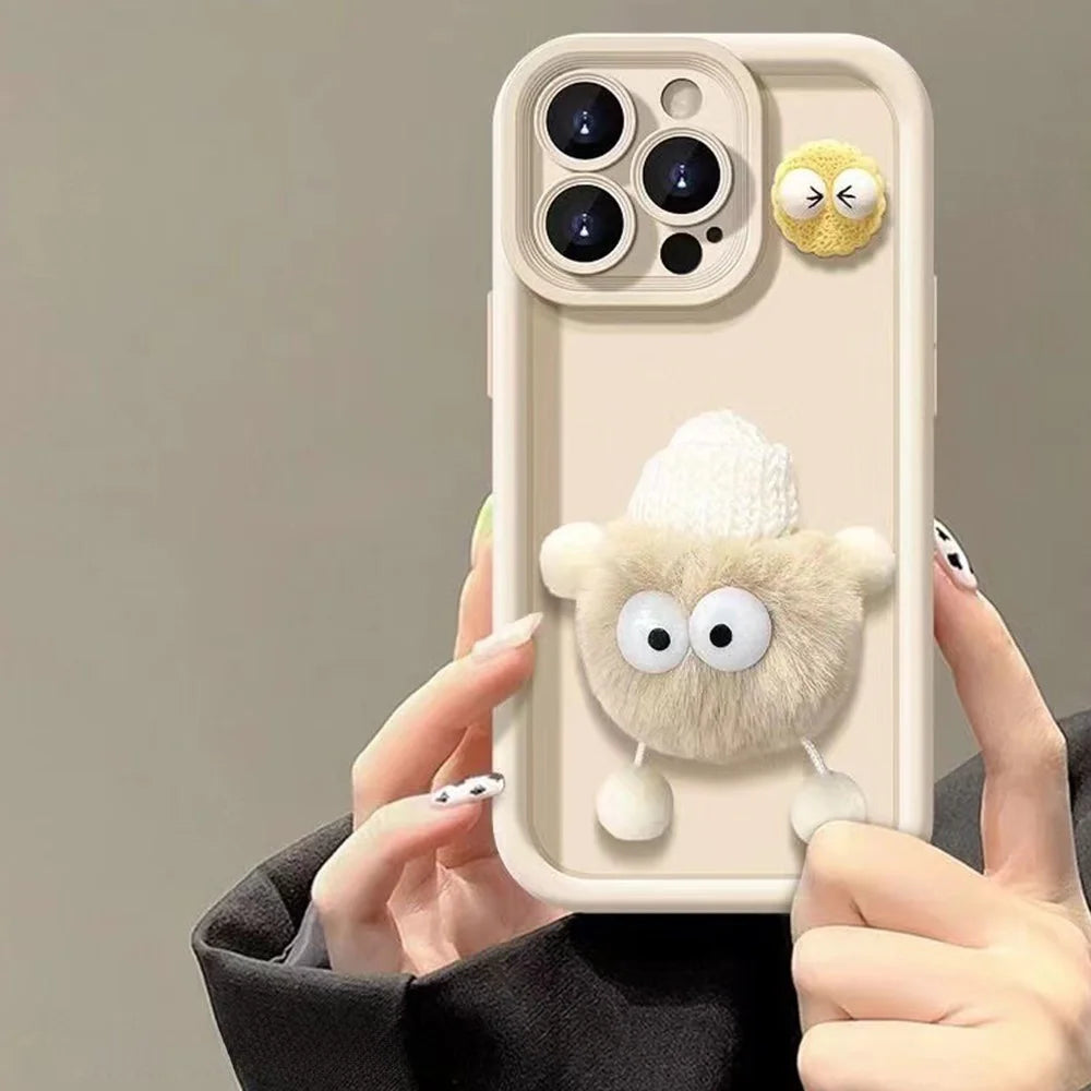 For iPhone 15 Pro Max Case 3D Fluffy Briquette Doll TPU Phone Cover - White - 2