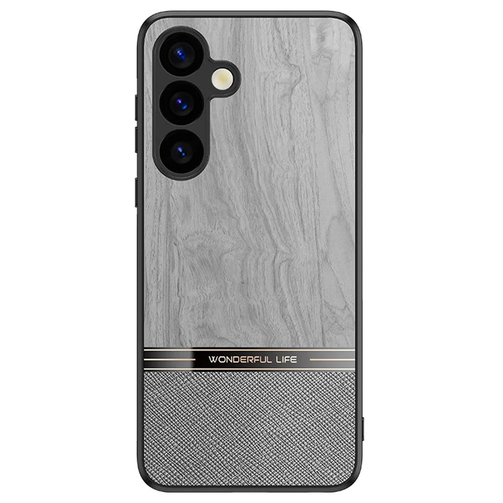 For Samsung Galaxy A16 5G / A16 4G Case Wood Texture Leather Coated TPU Phone Protective Cover - Grey - 1