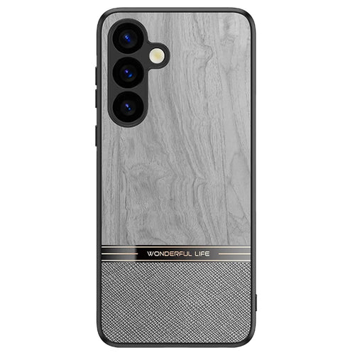 For Samsung Galaxy A16 5G / A16 4G Case Wood Texture Leather Coated TPU Phone Protective Cover - Grey - 1