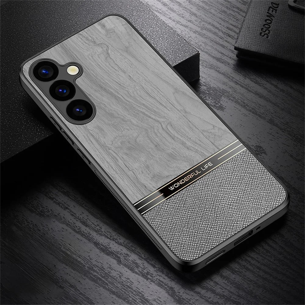 For Samsung Galaxy A16 5G / A16 4G Case Wood Texture Leather Coated TPU Phone Protective Cover - Grey - 3