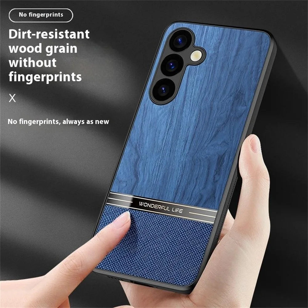 For Samsung Galaxy A16 5G / A16 4G Case Wood Texture Leather Coated TPU Phone Protective Cover - Grey - 6