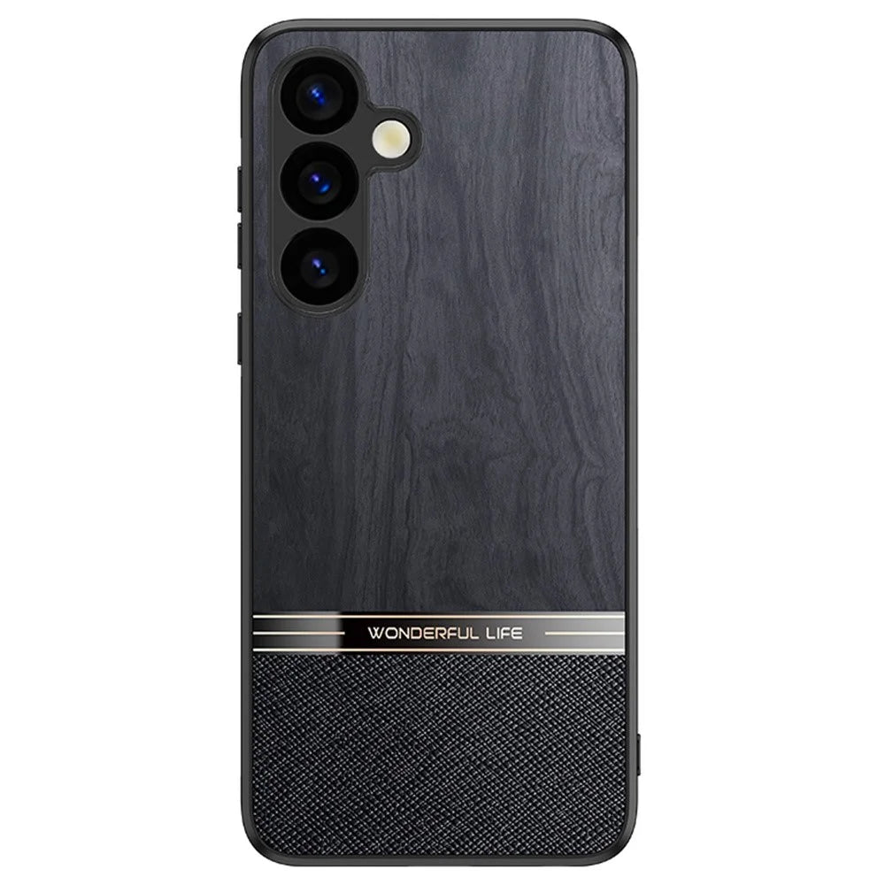 For Samsung Galaxy A55 5G Case Wood Texture Leather Coated TPU Phone Protective Cover - Black - 1