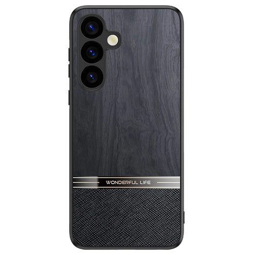 For Samsung Galaxy A55 5G Case Wood Texture Leather Coated TPU Phone Protective Cover - Black - 1