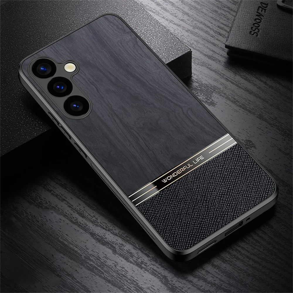 For Samsung Galaxy A55 5G Case Wood Texture Leather Coated TPU Phone Protective Cover - Black - 2