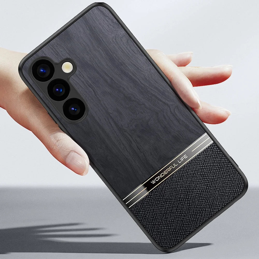 For Samsung Galaxy A55 5G Case Wood Texture Leather Coated TPU Phone Protective Cover - Black - 4