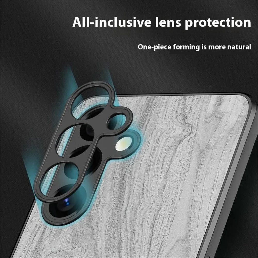 For Samsung Galaxy A55 5G Case Wood Texture Leather Coated TPU Phone Protective Cover - Black - 5