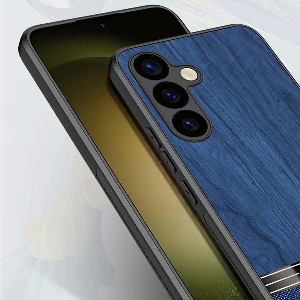 For Samsung Galaxy A55 5G Case Wood Texture Leather Coated TPU Phone Protective Cover - Black - 6