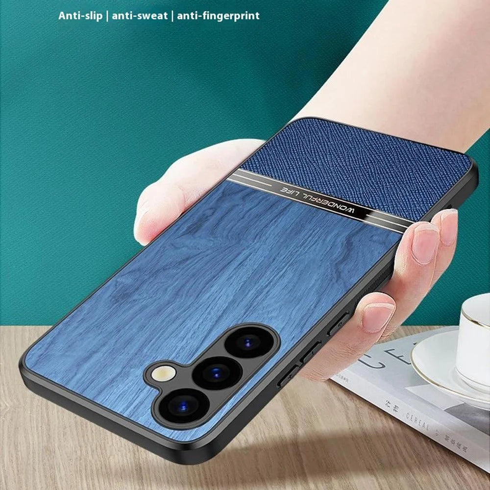 For Samsung Galaxy A55 5G Case Wood Texture Leather Coated TPU Phone Protective Cover - Black - 7