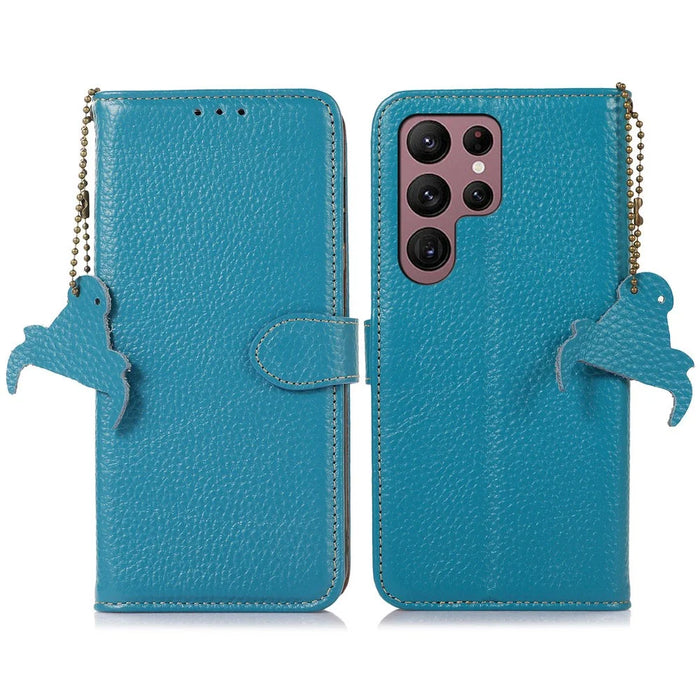 For Samsung Galaxy S25 Ultra Case RFID Blocking Litchi Texture Genuine Cow Leather Phone Cover - Blue - 1