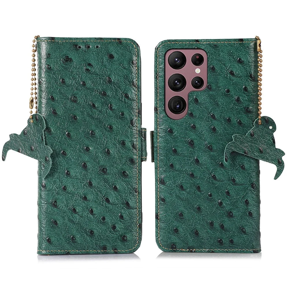 For Samsung Galaxy S25 Ultra Case RFID Blocking Genuine Cow Leather Phone Case Ostrich Texture - Green - 1