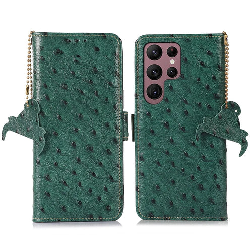 For Samsung Galaxy S25 Ultra Case RFID Blocking Genuine Cow Leather Phone Case Ostrich Texture - Green - 1