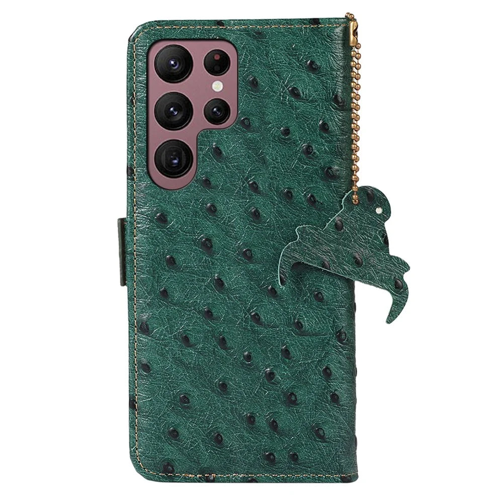 For Samsung Galaxy S25 Ultra Case RFID Blocking Genuine Cow Leather Phone Case Ostrich Texture - Green - 7