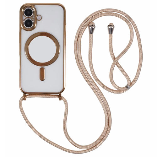For iPhone 16 Case Compatible with MagSafe Electroplating TPU Cellphone Protector with Long Lanyard - Gold - 1