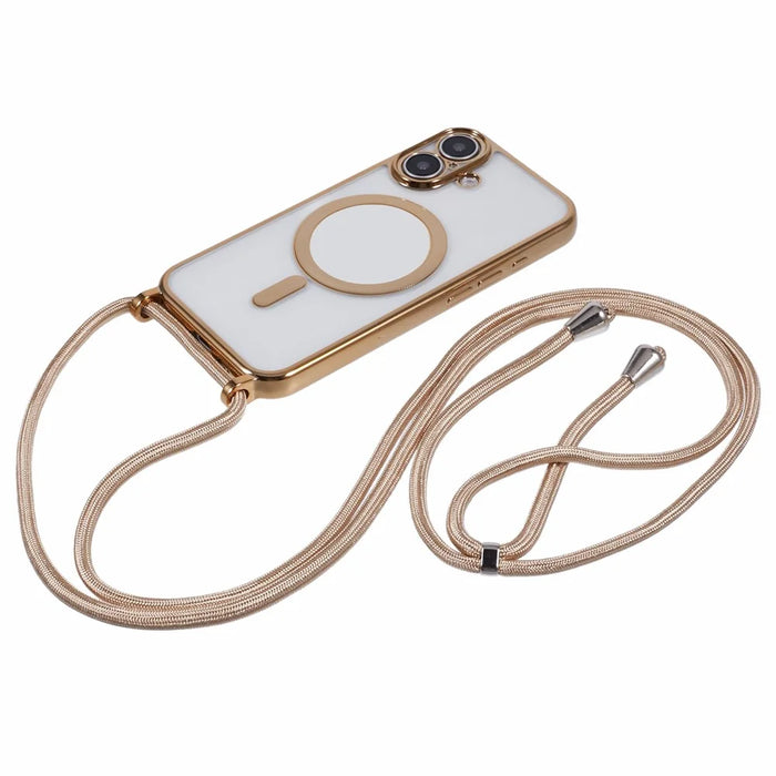 For iPhone 16 Case Compatible with MagSafe Electroplating TPU Cellphone Protector with Long Lanyard - Gold - 2