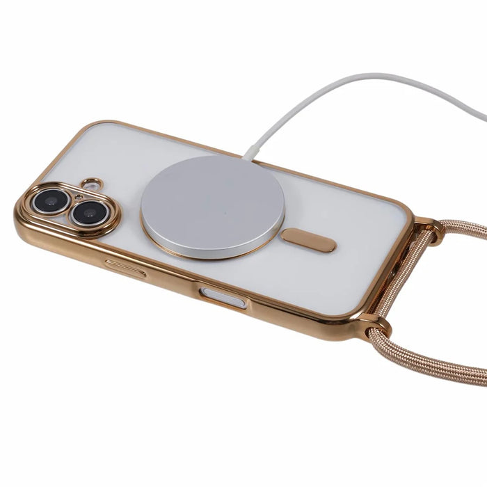 For iPhone 16 Case Compatible with MagSafe Electroplating TPU Cellphone Protector with Long Lanyard - Gold - 3